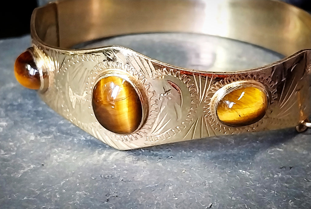 Vintage 12ct Rolled Gold Tigers Eye BANGLE Bracelet - Excalibur - 24.2g