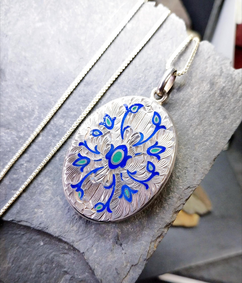 Large Locket Necklace by Danish Echri Cameer, Blue Enamel on 20" chain - 19.7g