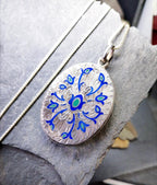 Large Locket Necklace by Danish Echri Cameer, Blue Enamel on 20" chain - 19.7g