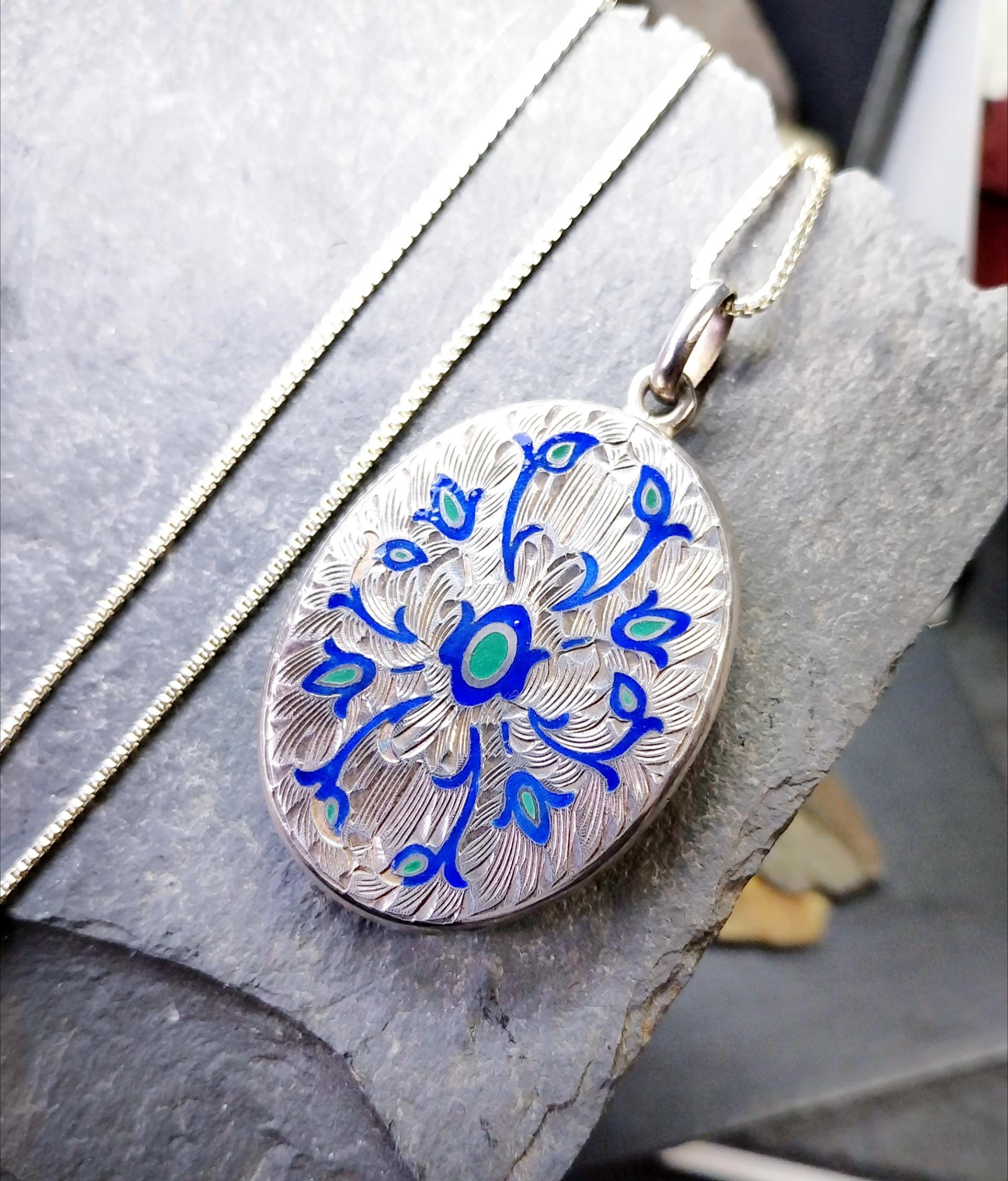 Large Locket Necklace by Danish Echri Cameer, Blue Enamel on 20" chain - 19.7g