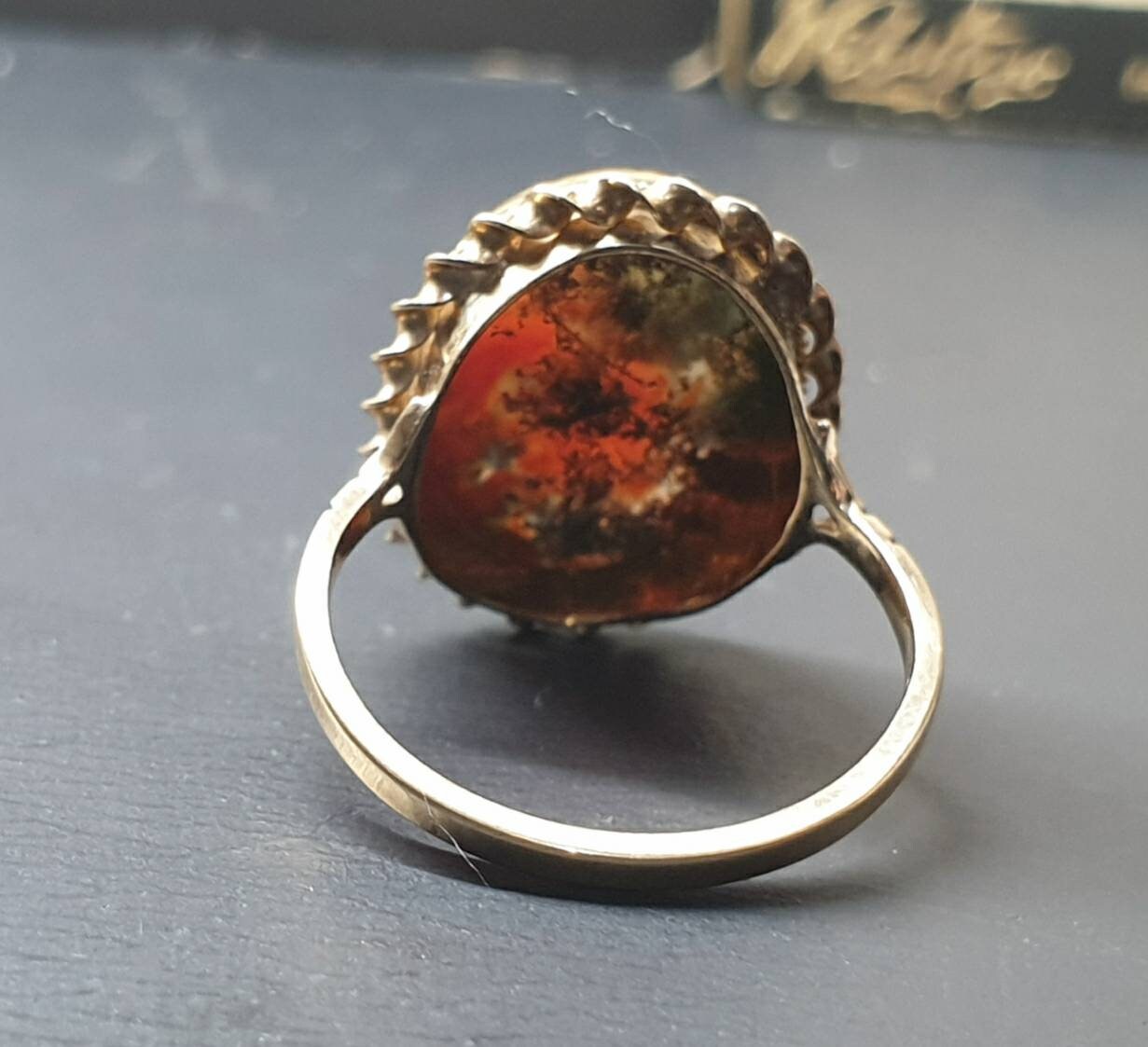 Vintage 9ct Gold MOSS AGATE Ring - Dendritic - Size uk N 1/2 (us 7) - 3.7g