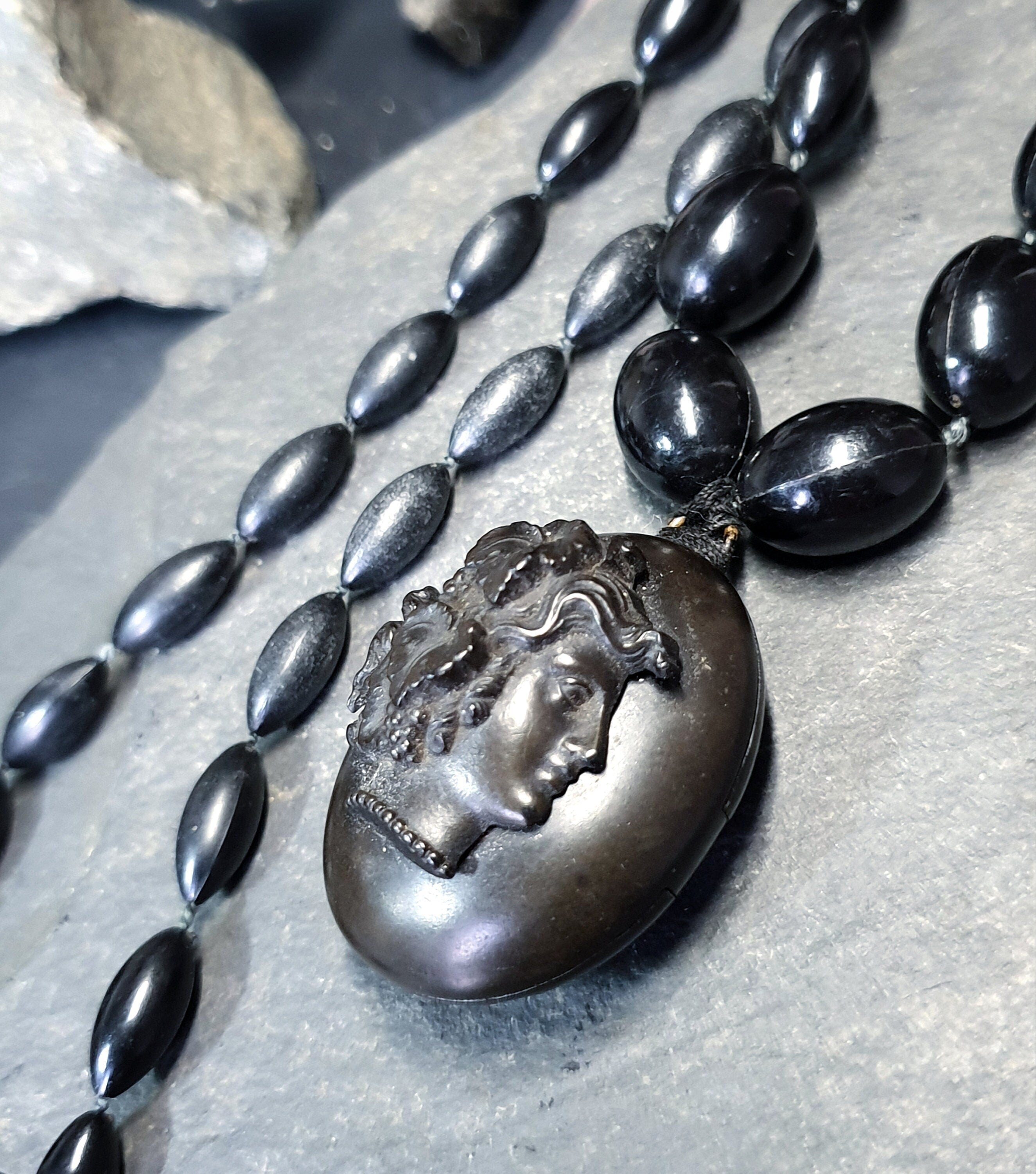 Victorian BOG OAK LOCKET and Bead Necklace with Bacchante Cameo carving