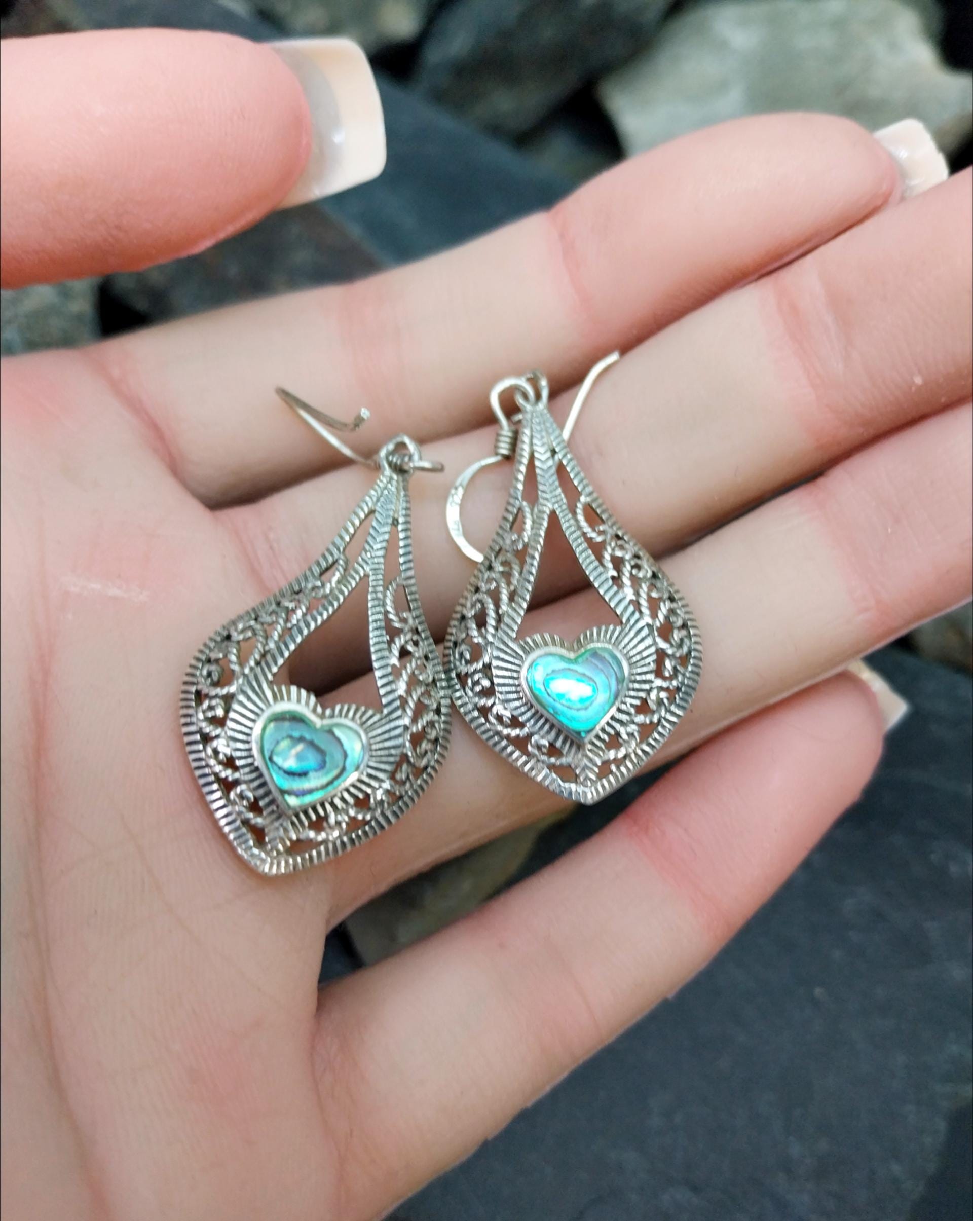 Vintage Sterling Silver Drop Earrings - with Paua Shell - 4.9g