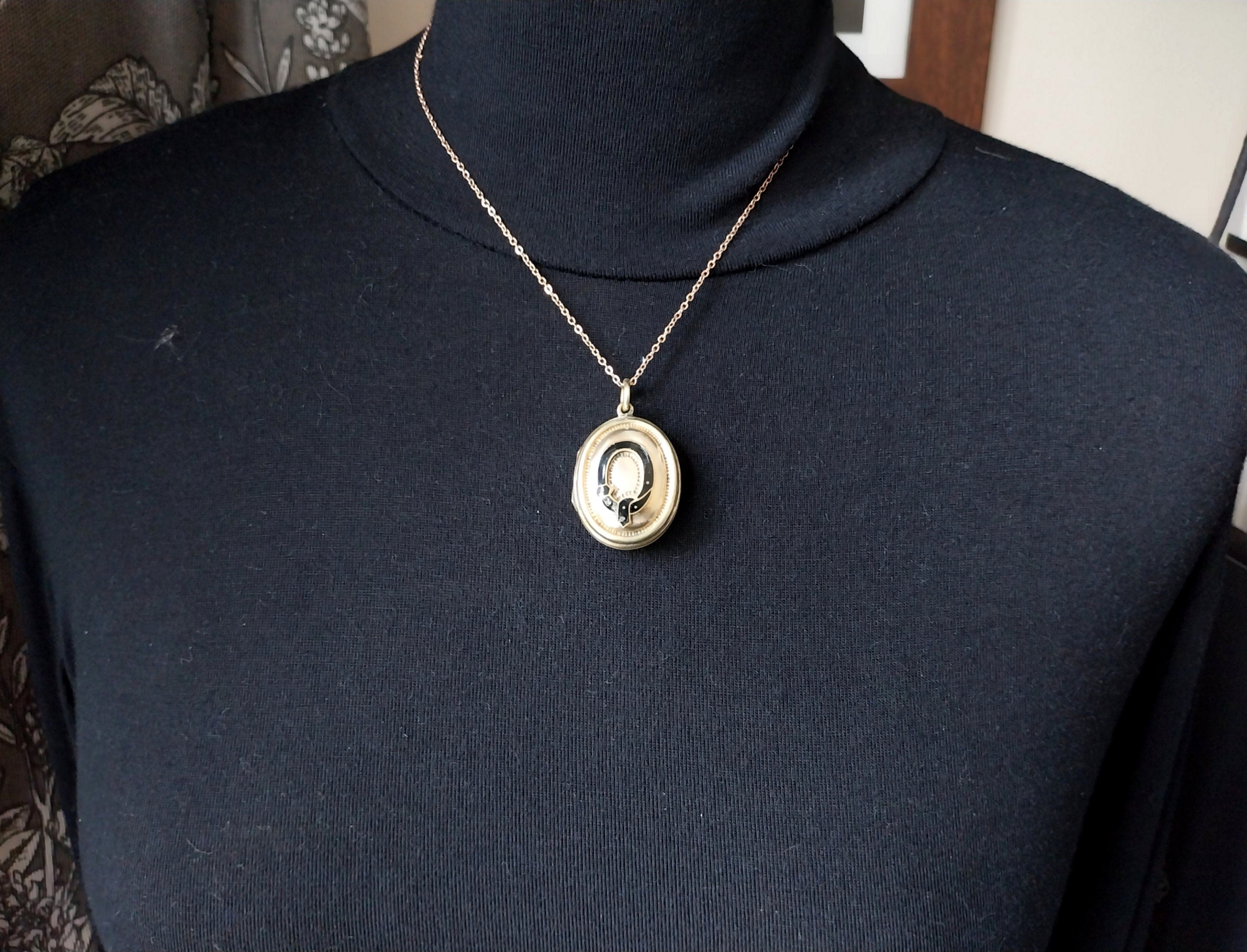 Antique Rolled Gold LOCKET NECKLACE - Black Enamel Buckle on 18" Chain - 10.3g