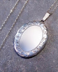 Vintage SILVER OVAL LOCKET c 1978- Scroll Border 20" Chain - 7g