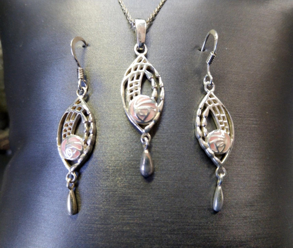 Sterling Silver Celtic Rose Necklace and Matching Earrings Gift Set - 6.8g