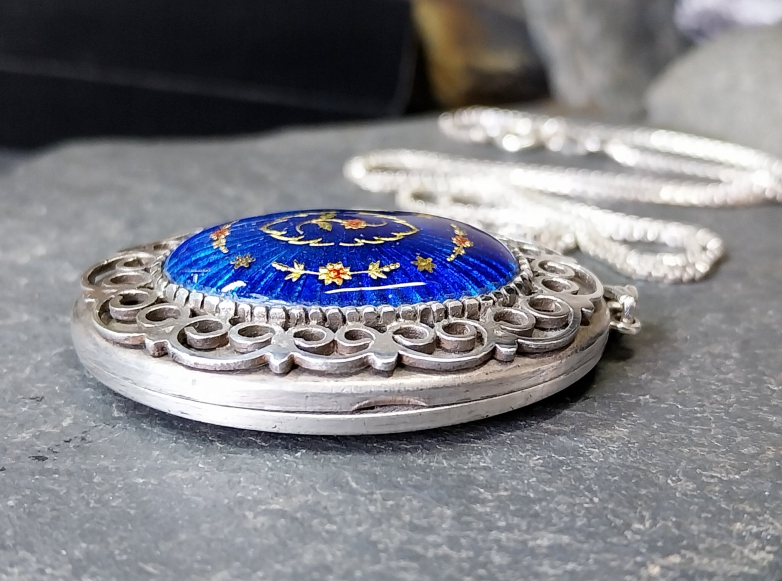 Sterling Silver Guilloche LOCKET , Blue Enamel on 22" chain - 24.8g
