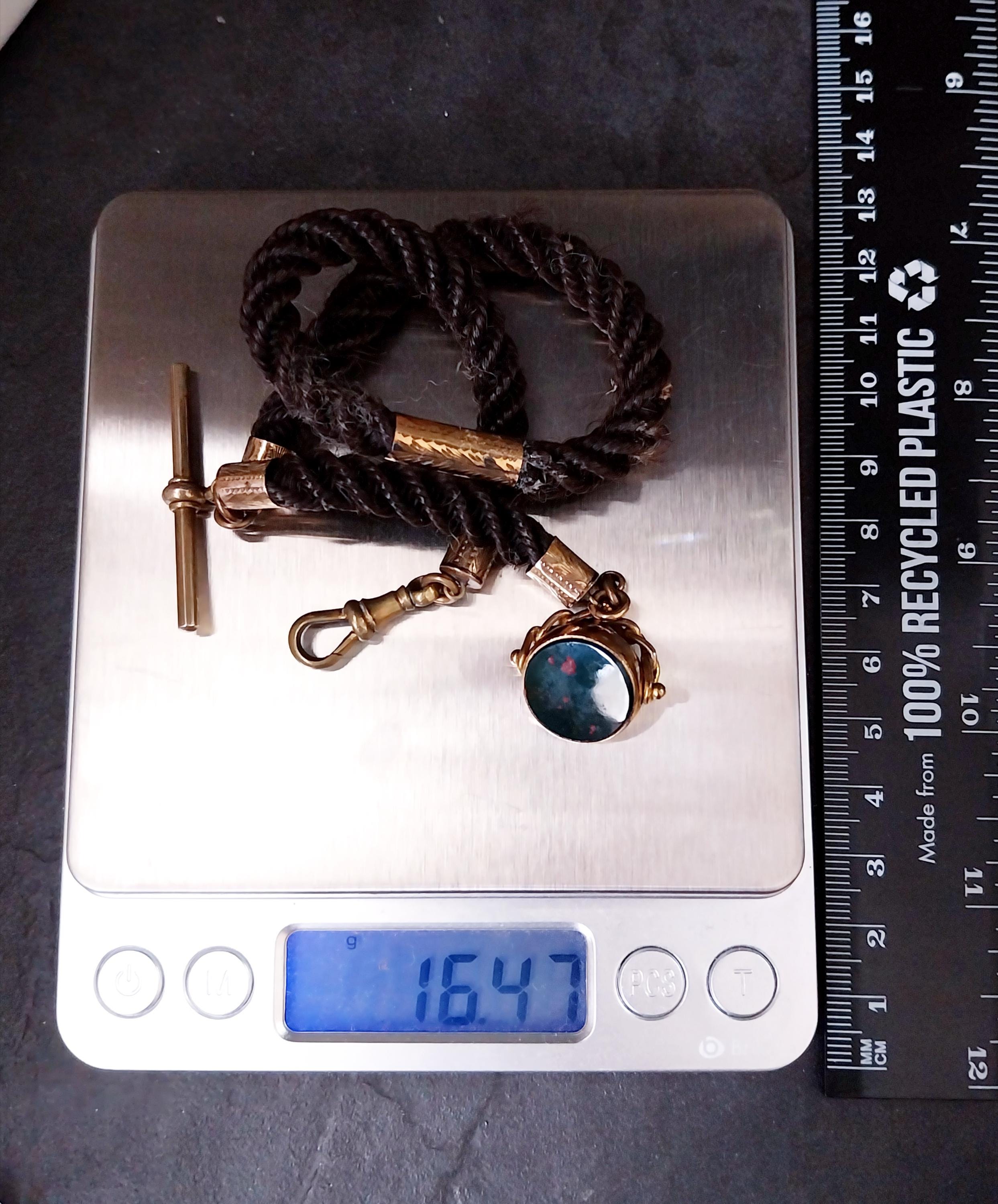Victorian HAIR Watch chain with Rolled Gold Bloodstone swivel fob - 14" 16.4g