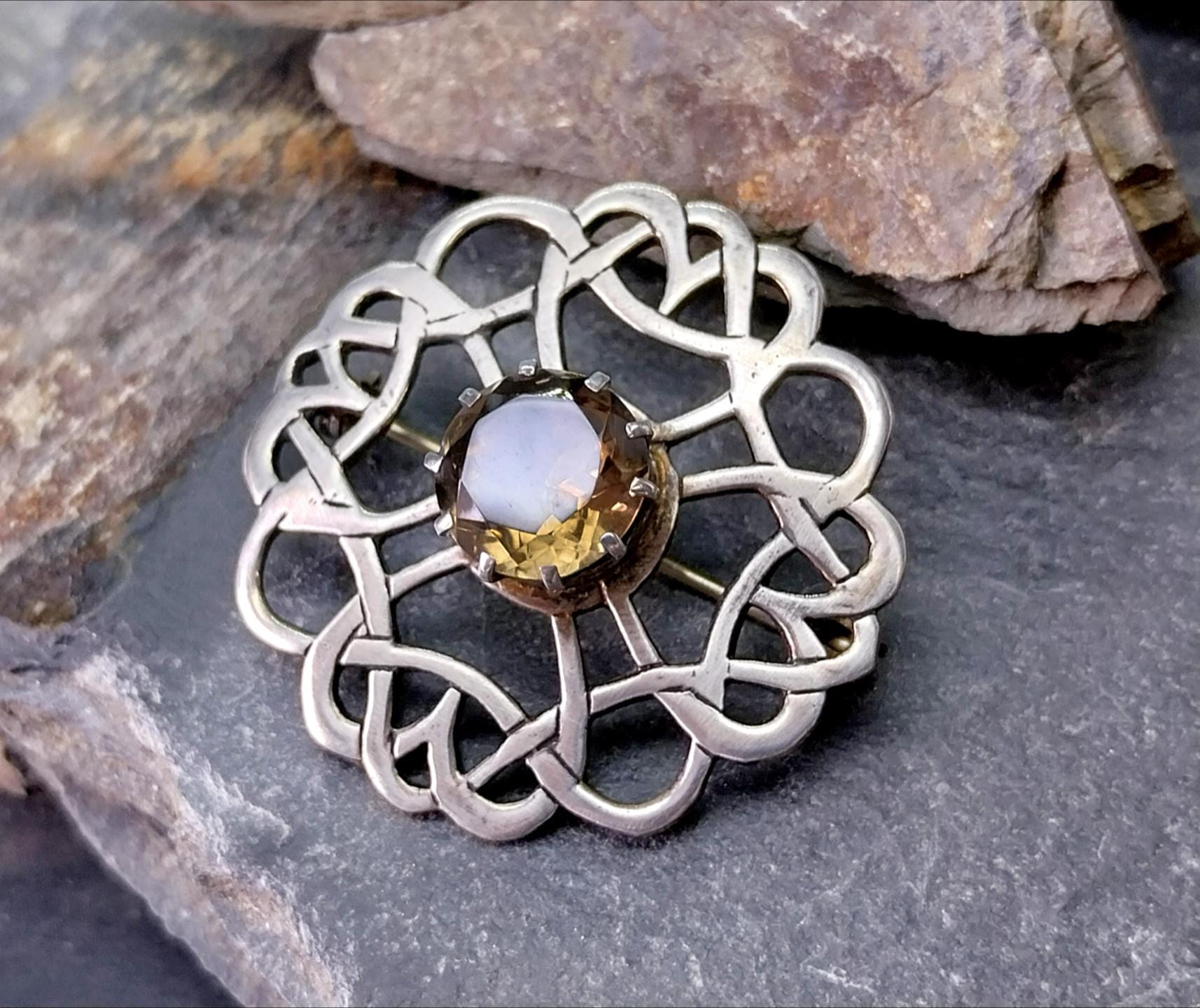 Vintage Smokey Quartz Brooch - Celtic Shawl Pin - 8.1g