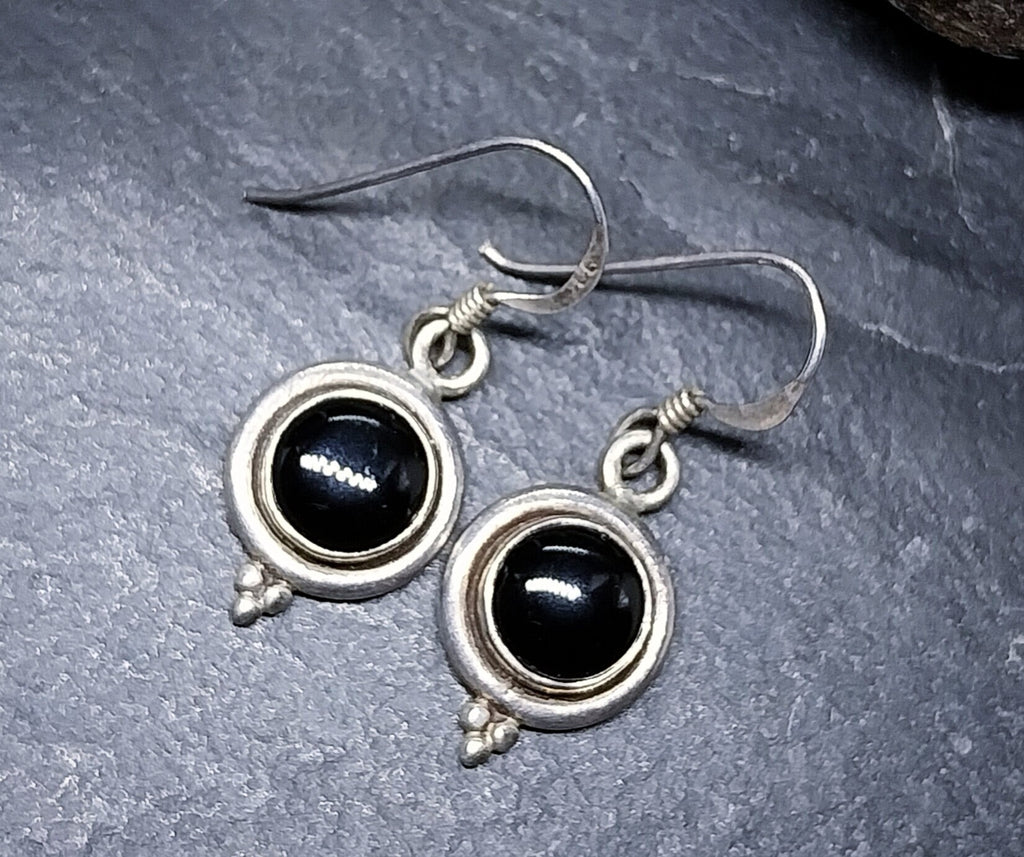 Vintage Sterling Silver Black Onyx EARRINGS - Dangling  - 3.7g