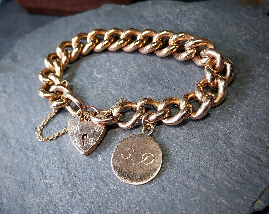 Antique Vintage Solid 9ct Rose GOLD LINK Bracelet & Heart Padlock Clasp - 20.1g