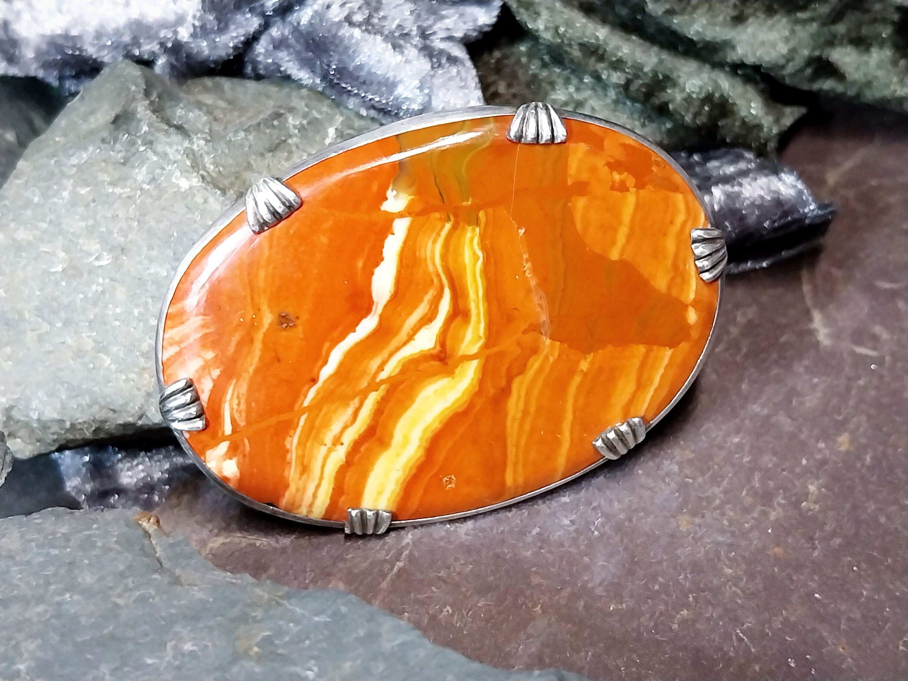 Large Antique Silver Bright Orange Landscape Agate Brooch - 14.9g