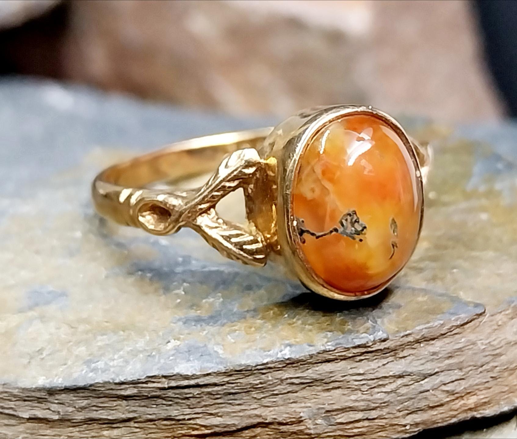 9ct Gold MOSS AGATE Ring - Dendritic - Size uk P (us 7.5) - 3.2g