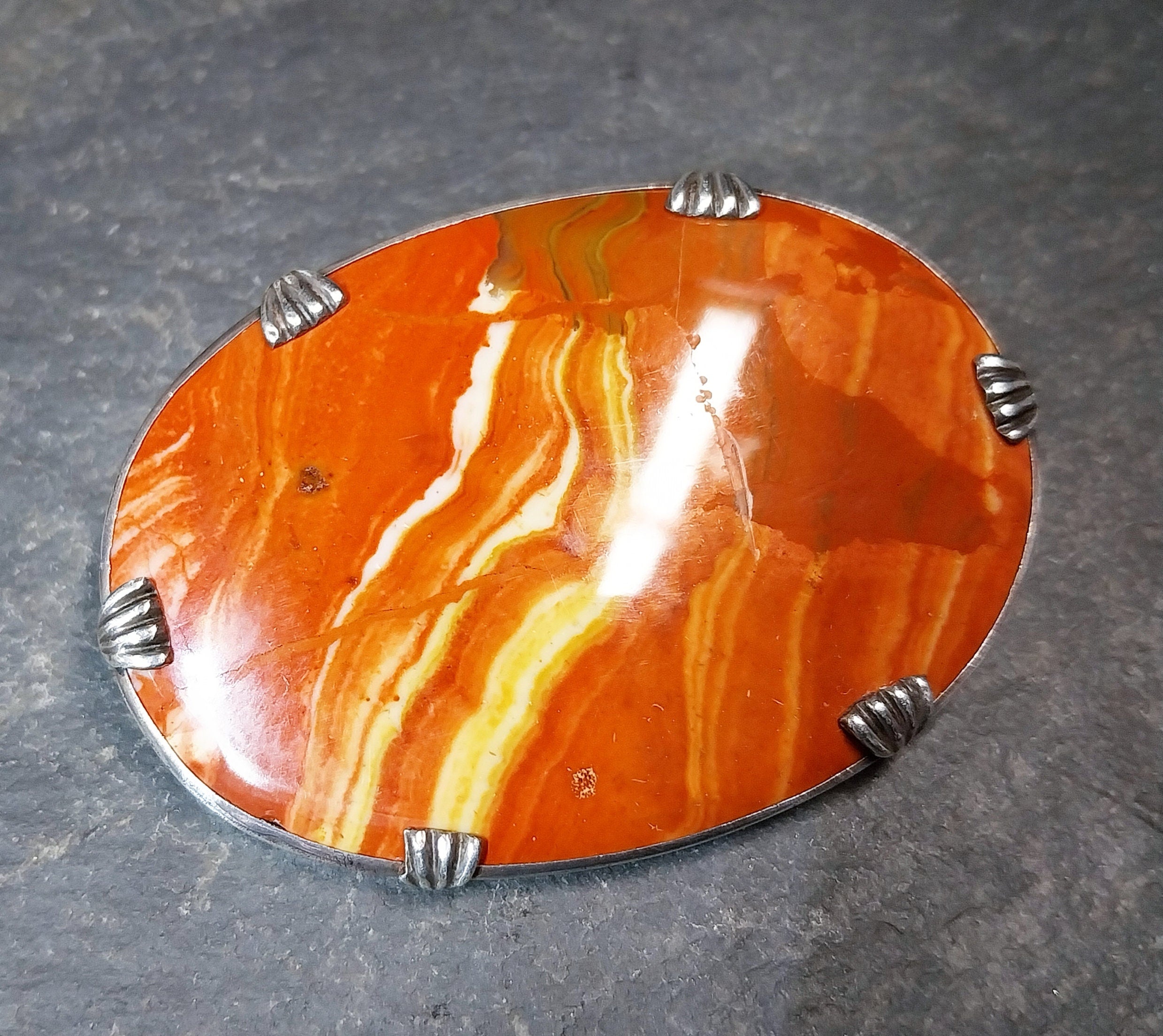 Large Antique Silver Bright Orange Landscape Agate Brooch - 14.9g