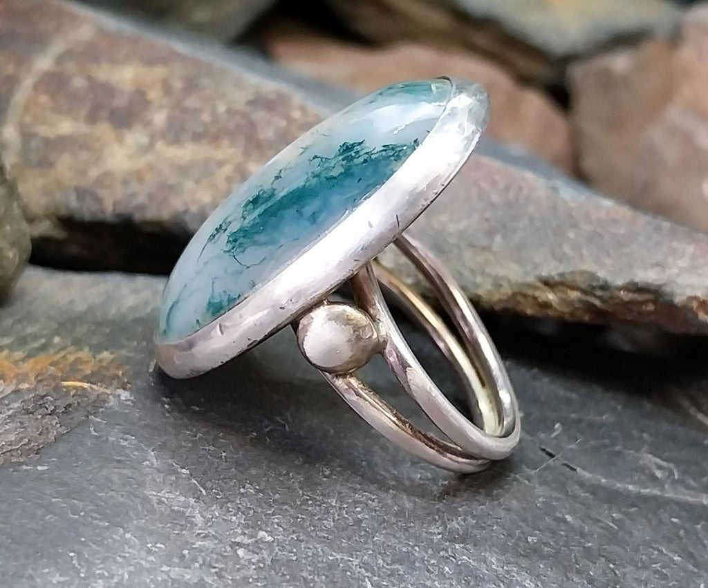 Large Sterling SILVER Moss Agate RING Dendritic Stone - size 0 1/2 (us 7.5) - 12.3g
