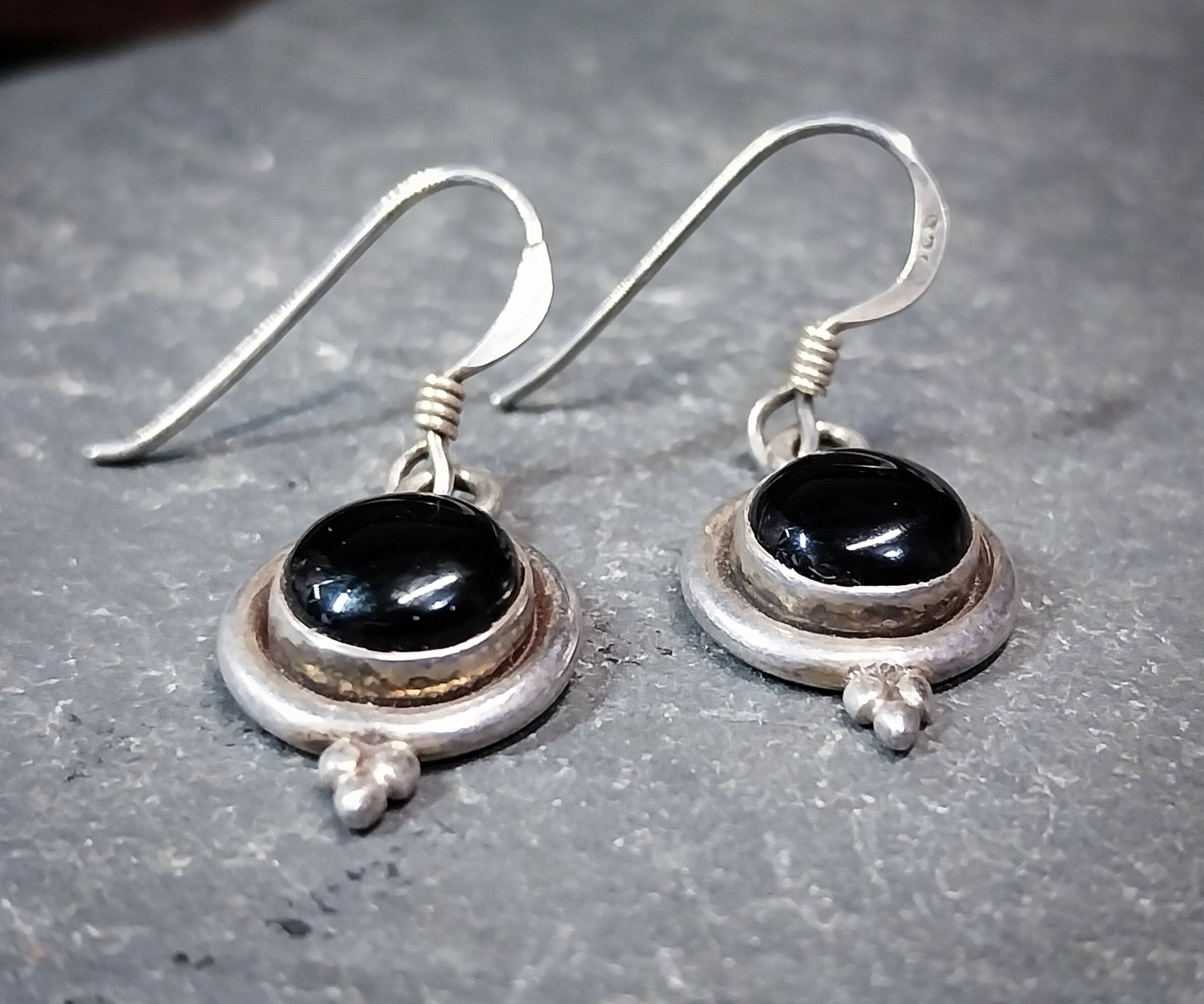 Vintage Sterling Silver Black Onyx EARRINGS - Dangling  - 3.7g