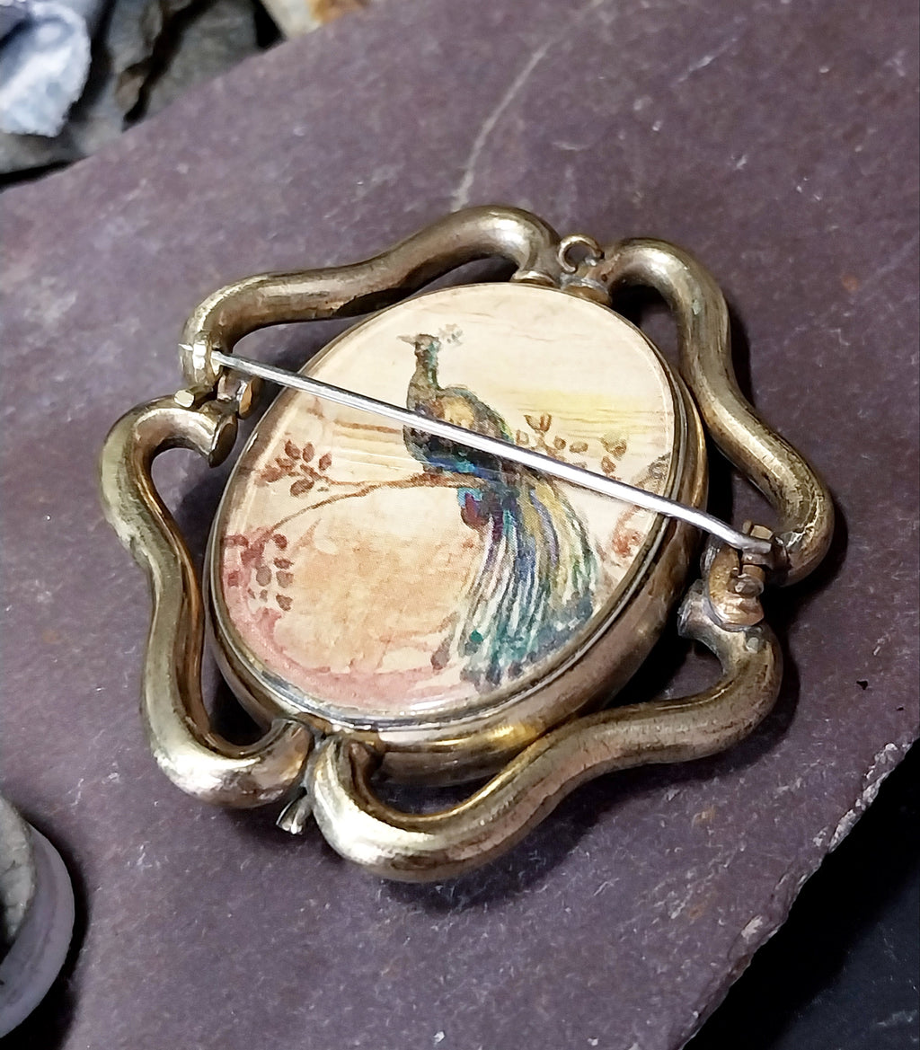 Victorian Large SWIVEL LOCKET BROOCH with Banded Agate & Peacock Panels - 31.5g