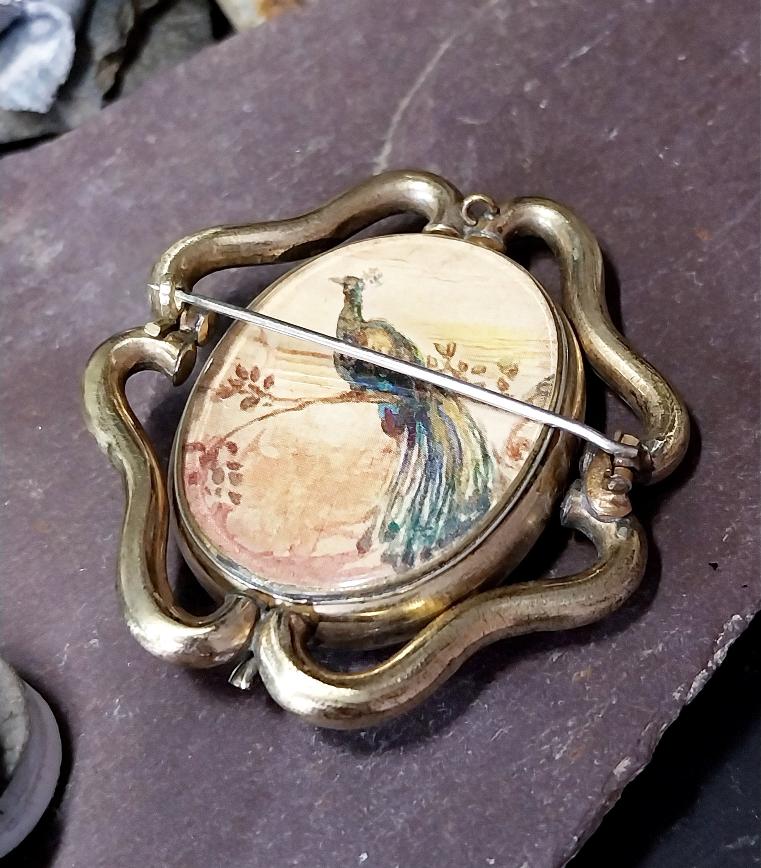 Victorian Large SWIVEL LOCKET BROOCH with Banded Agate & Peacock Panels - 31.5g