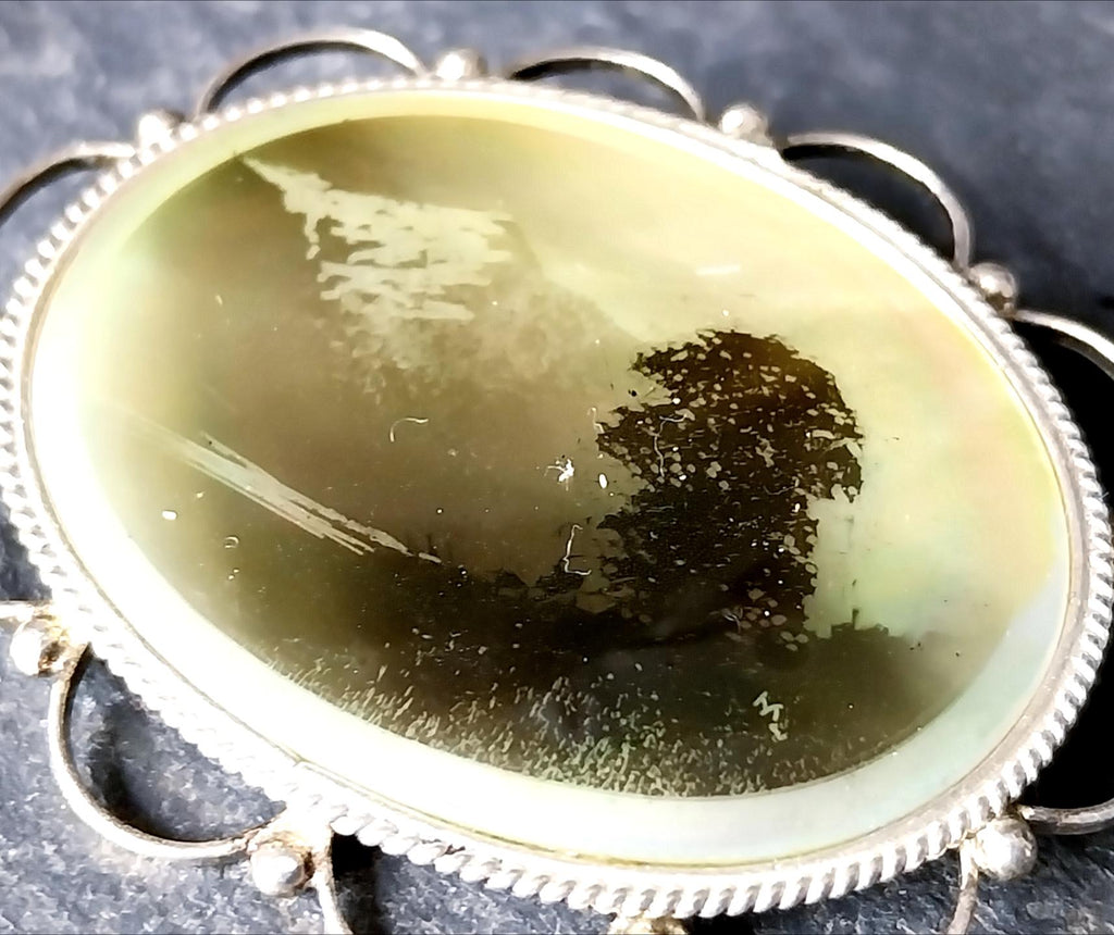 MINIATURE Hand Painted BROOCH - Scottish Loch or Lake in mop & Sterling Silver 13.4g