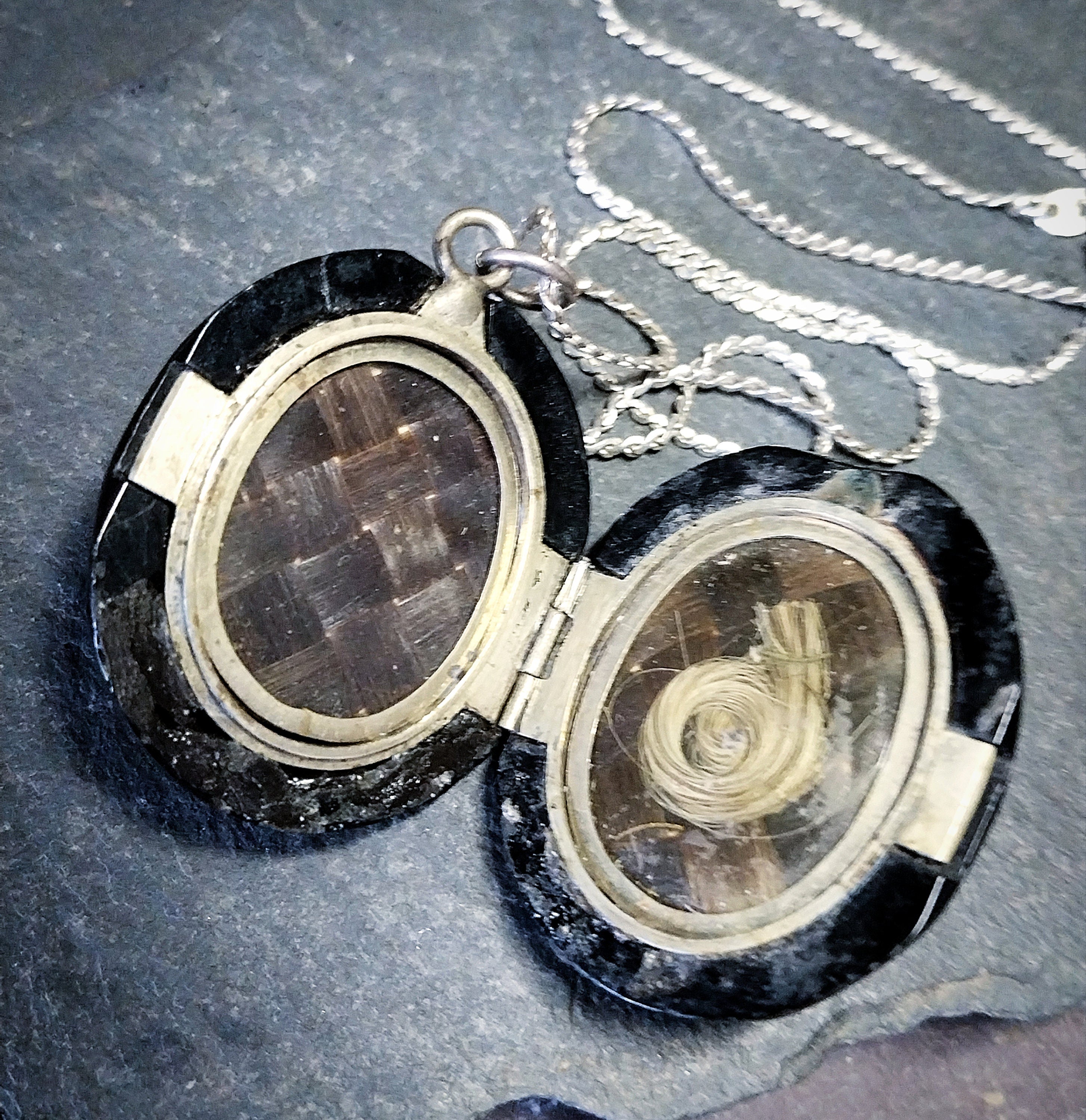 Antique VICTORIAN Whitby JET LOCKET with Seed Pearl Star - on 20" Chain - 27.4g