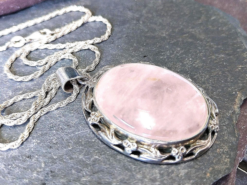 Vtg Large Sterling Silver ROSE QUARTZ  Pendant Necklace on 16" Chain - 21.2g