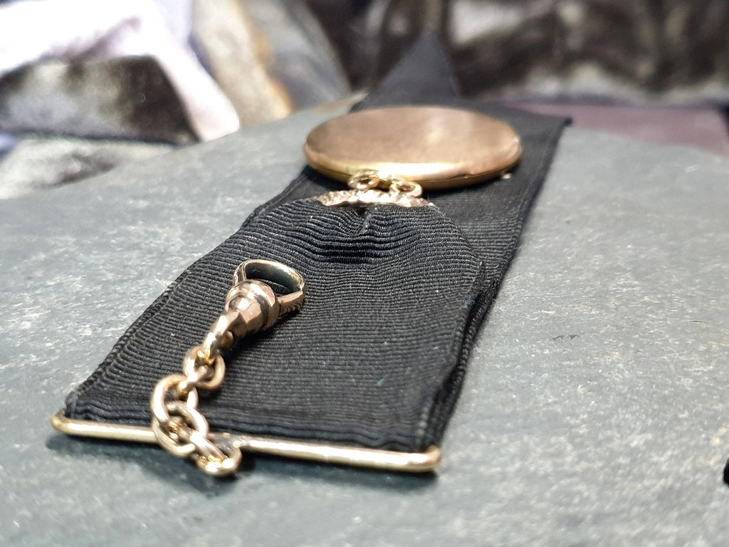 Antique Watch Ribbon with Large Round Photo locket fob - gilt pinchbeck  - 17.9g
