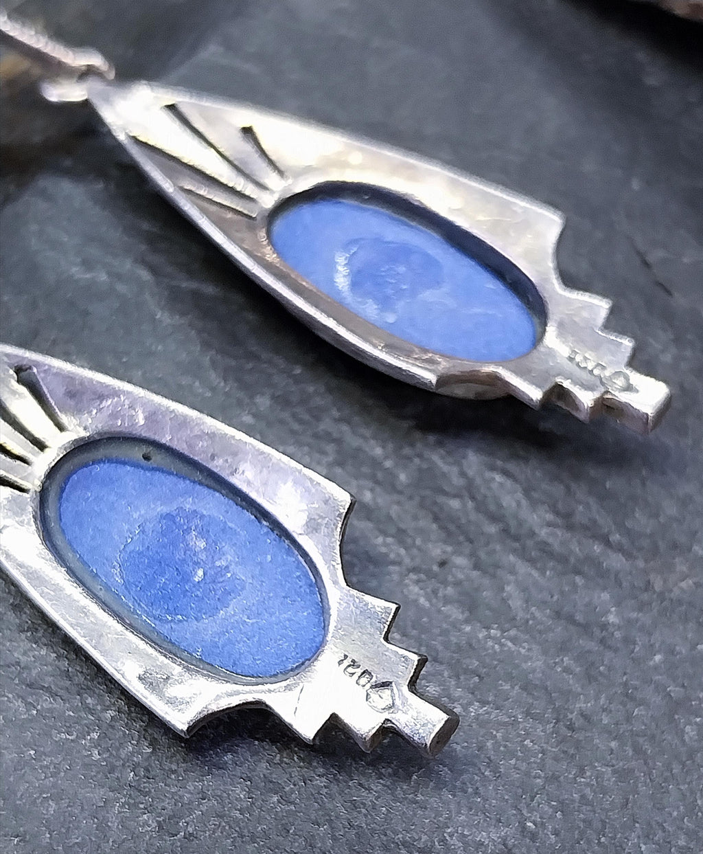 Sterling Silver Art Deco EARRINGS Blue Gemstone & Marcasite - 5.9g