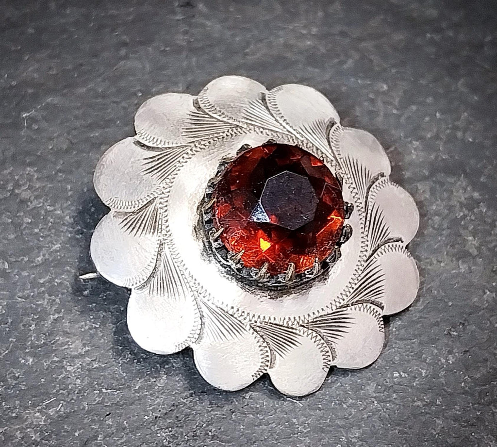 Antique Scalloped Citrine Brooch - Low Grade Silver - 7.4g