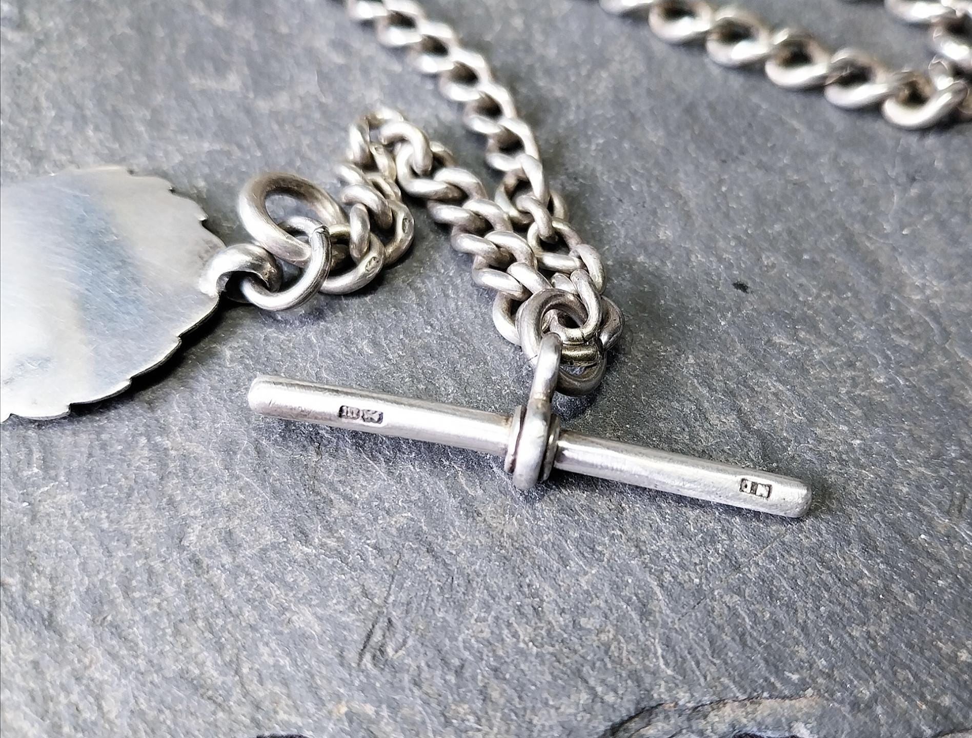 Antique Sterling Silver Albert Watch Chain with T-Bar, Medal Fob and DogClip - 16" - 35.9g