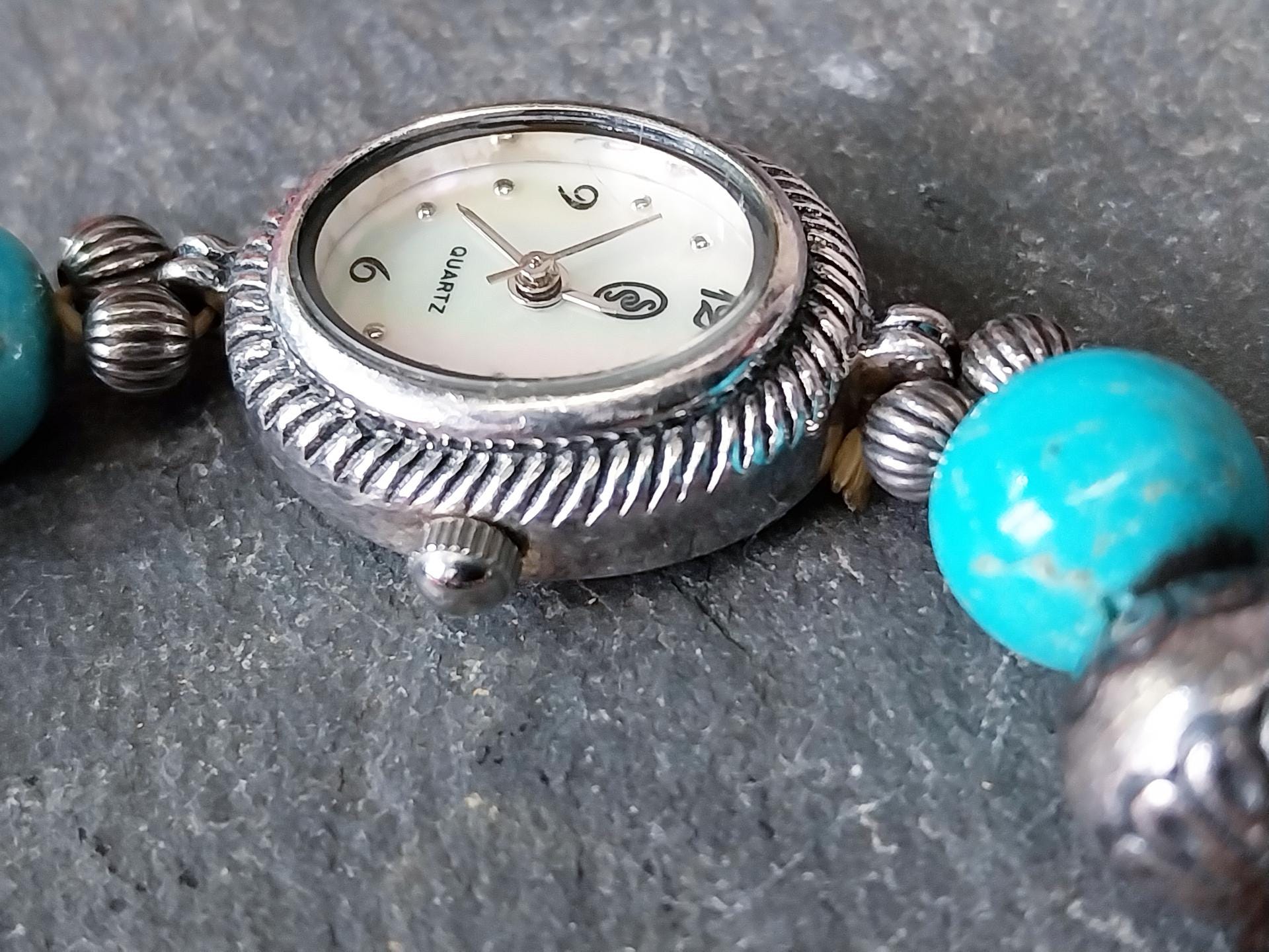 Vintage Sterling Silver WATCH - with Gemstone Bracelet Strap elasticated - 28.6g