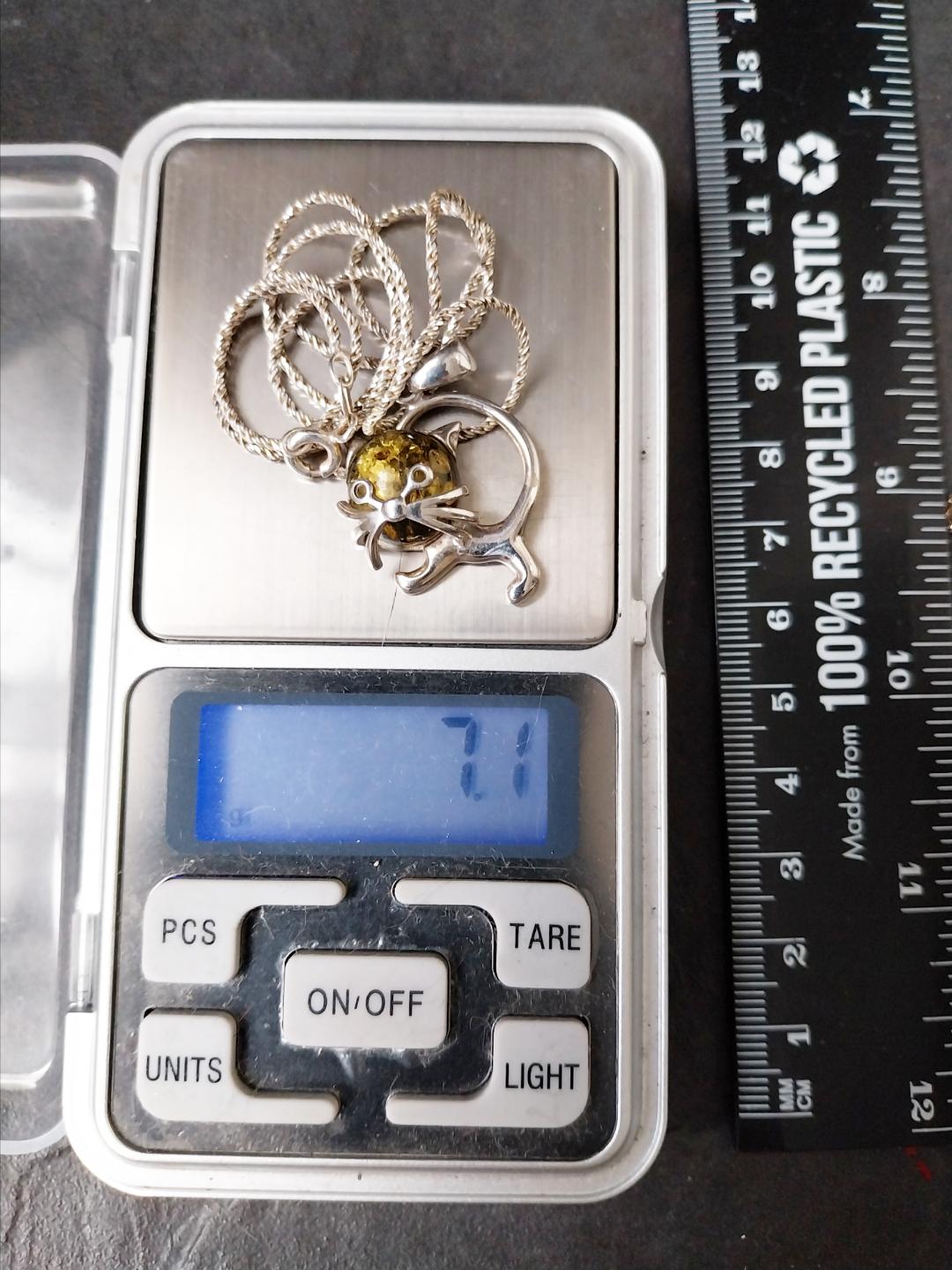 Sterling Silver AMBER CAT Kitten Pendant Chain Necklace 18" Length - 7.1g