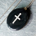 VICTORIAN Black Enamel LOCKET with Silver Cross - on 20" Chain - 15.5g