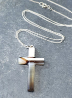 Victorian Antique Banded Agate Cross on 18" Sterling Silver Chain - 3.9g