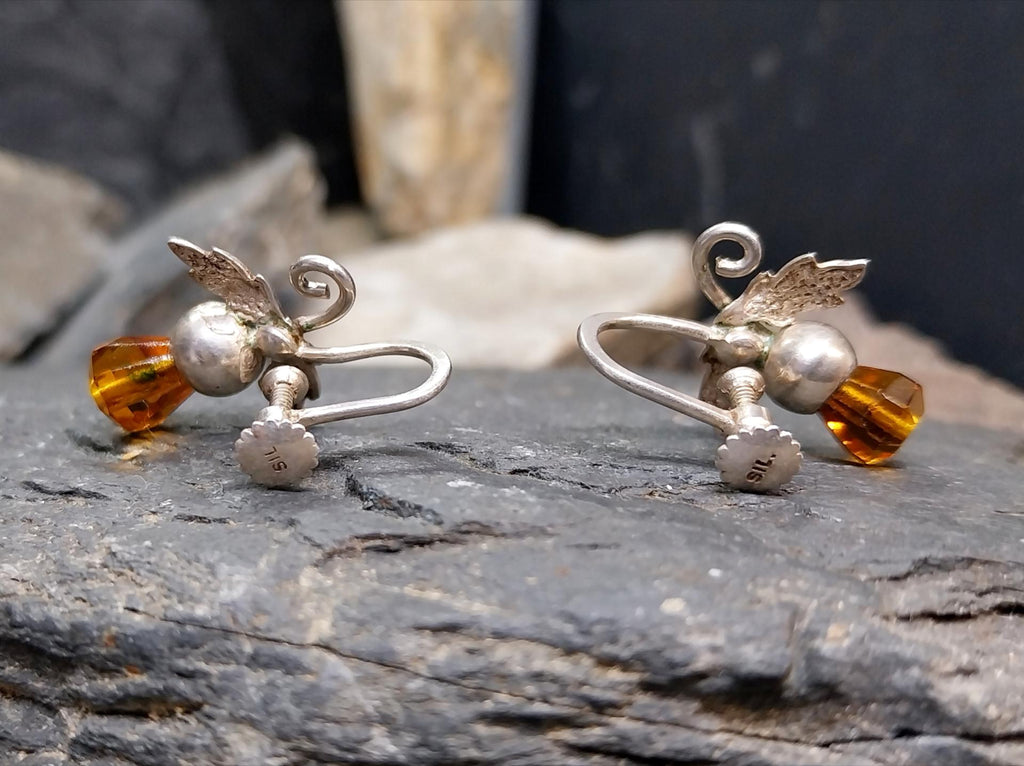 Antique Sterling Silver Carnelian Thistle Earrings - Screw Backs - 3.4g