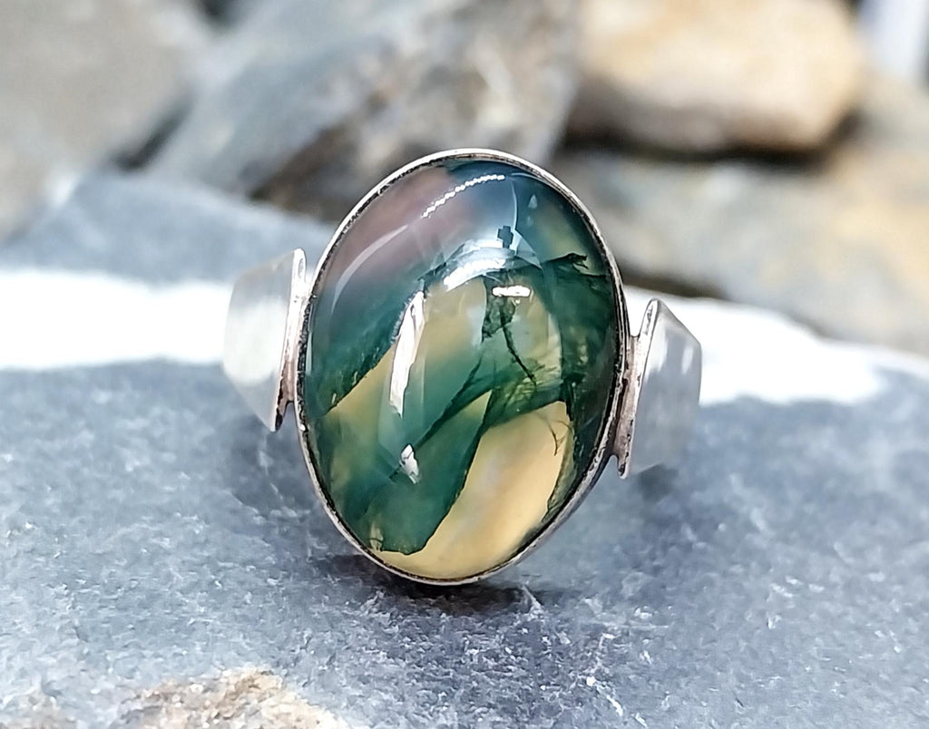 Vintage SILVER Moss Agate RING Dendritic Stone - adjustable size 0 (us 7) - 5.9g
