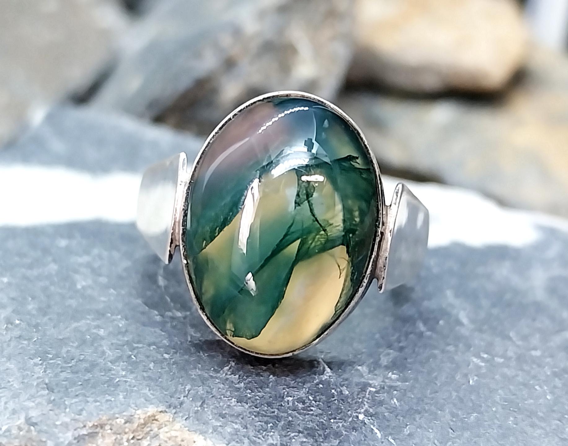 Vintage SILVER Moss Agate RING Dendritic Stone - adjustable size 0 (us 7) - 5.9g