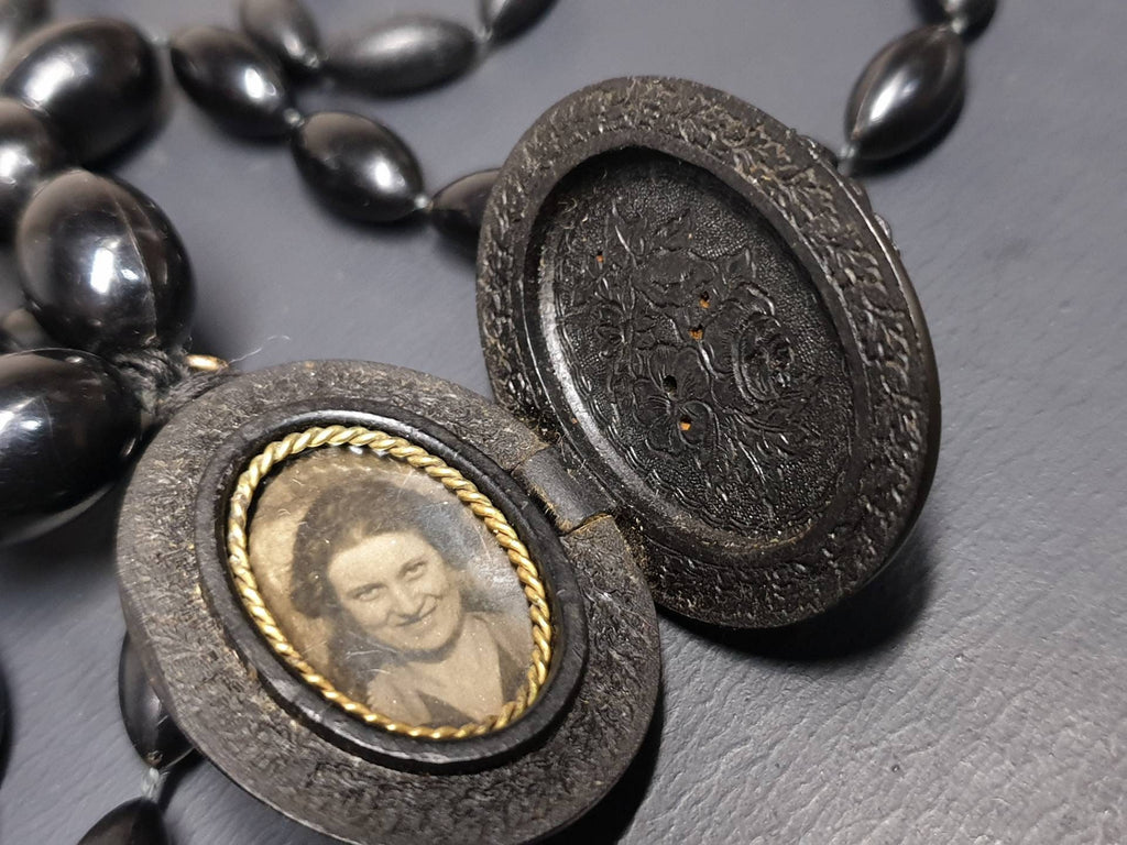 Victorian BOG OAK LOCKET and Bead Necklace with Bacchante Cameo carving