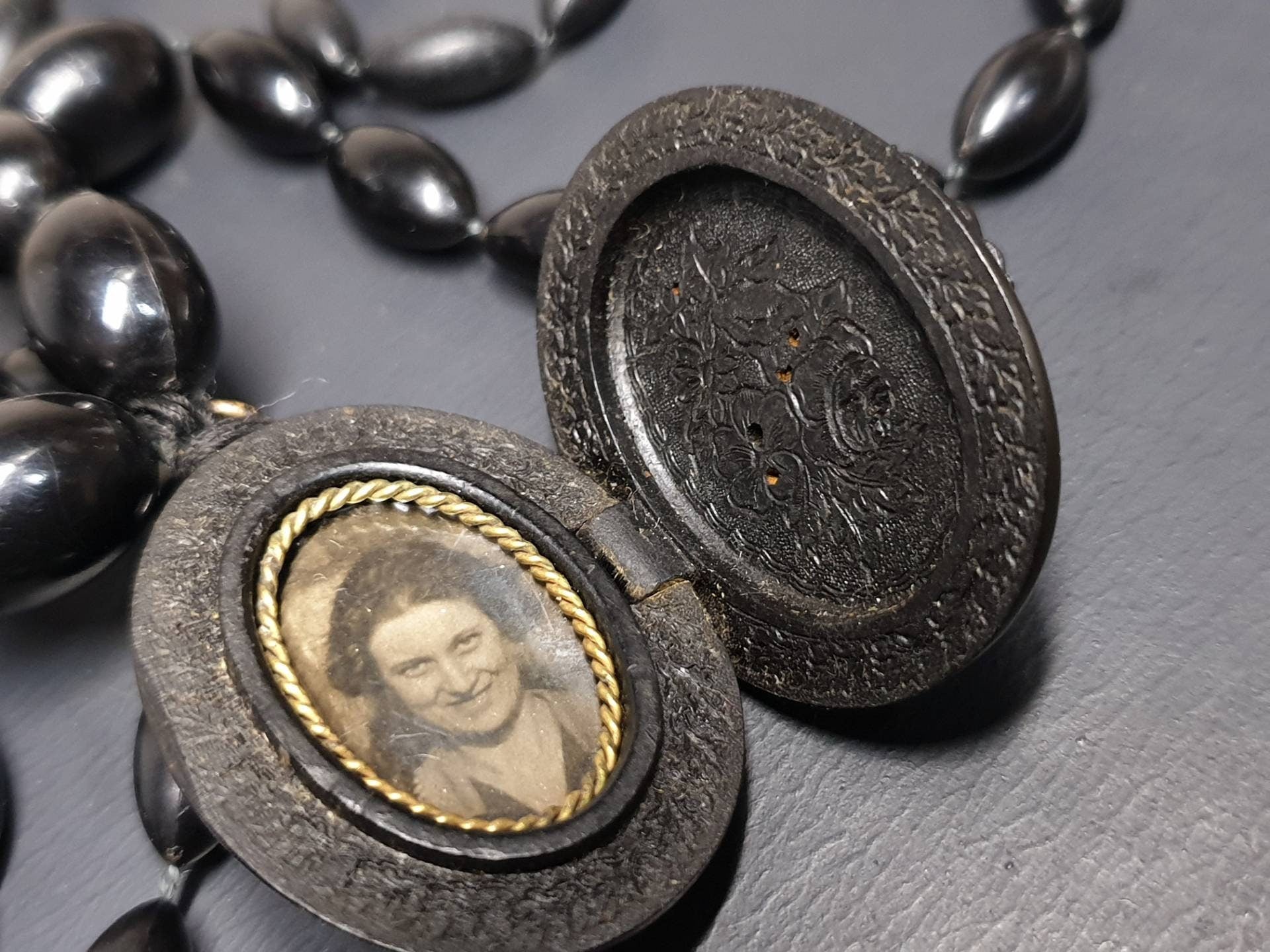 Victorian BOG OAK LOCKET and Bead Necklace with Bacchante Cameo carving