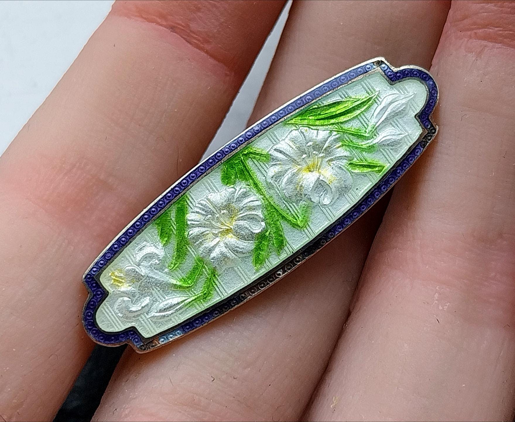 Antique Georgian Enamel BROOCH - White Lillies on Sterling Silver - c 1787 - 5.3g