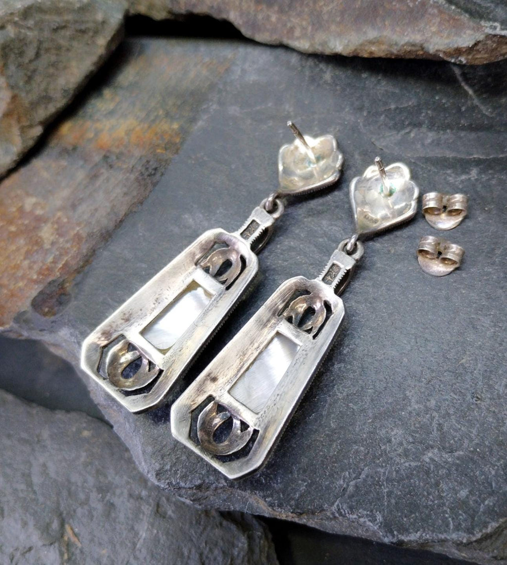 Sterling Silver Art Deco EARRINGS MOP & Marcasite - 12.1g