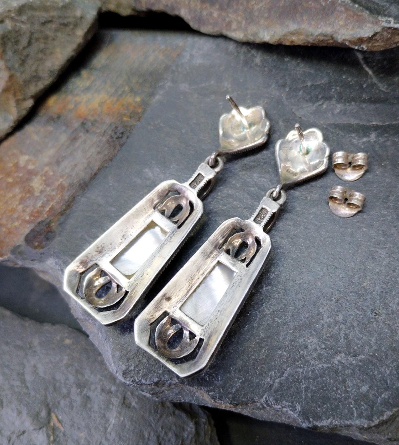 Sterling Silver Art Deco EARRINGS MOP & Marcasite - 12.1g