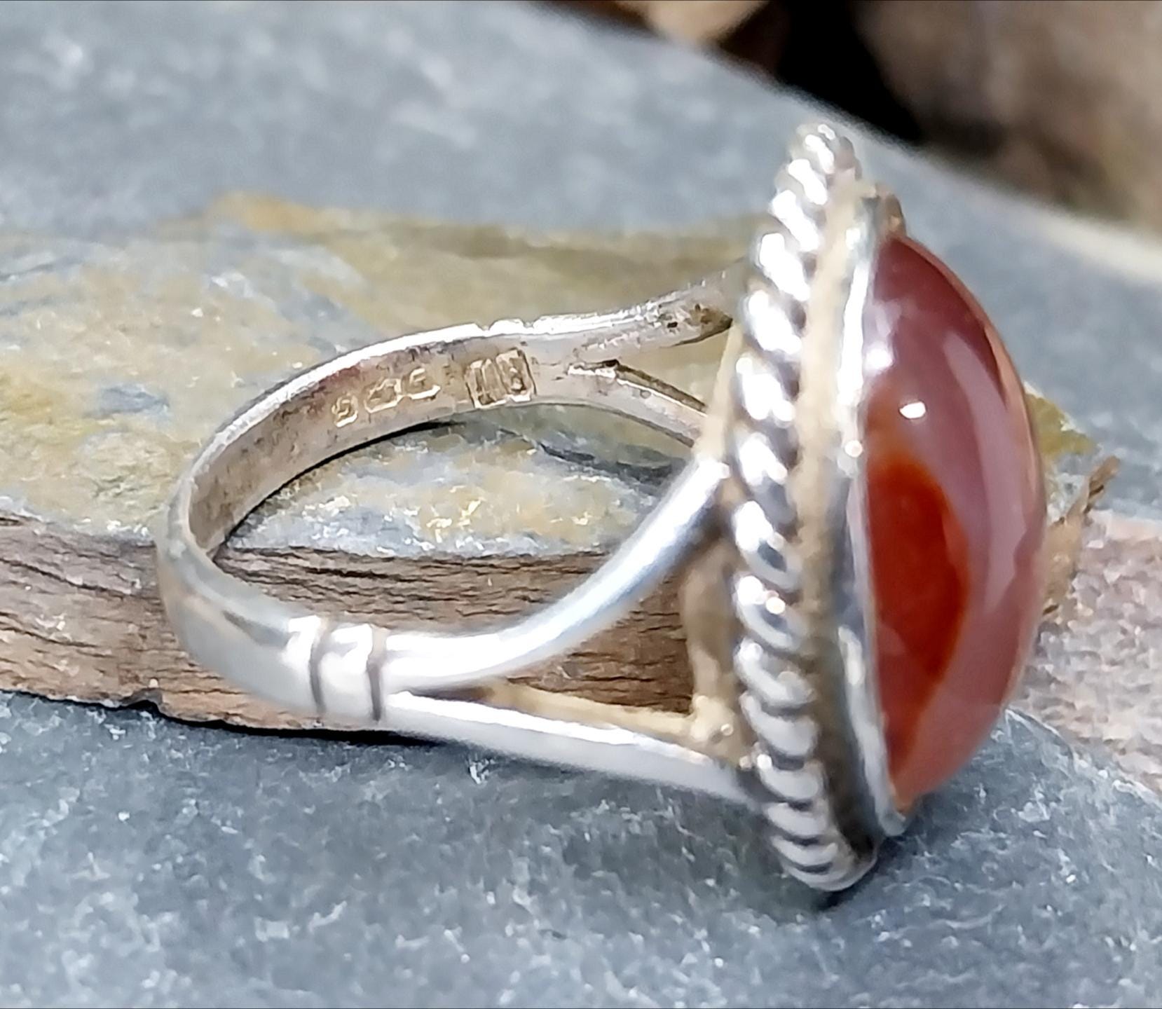 Vintage SILVER Jasper Flame AGATE Ring - Size uk R (us 8.5) - 7.8g