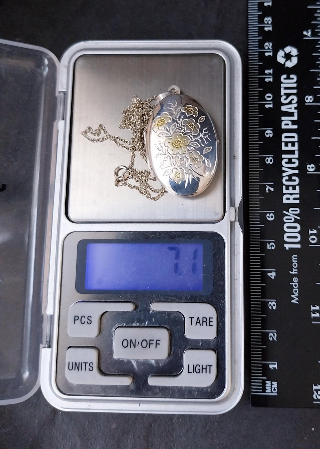 Vintage LOCKET - Sterling Silver Oval with Gold Flowers on 18" Chain - 7.1g