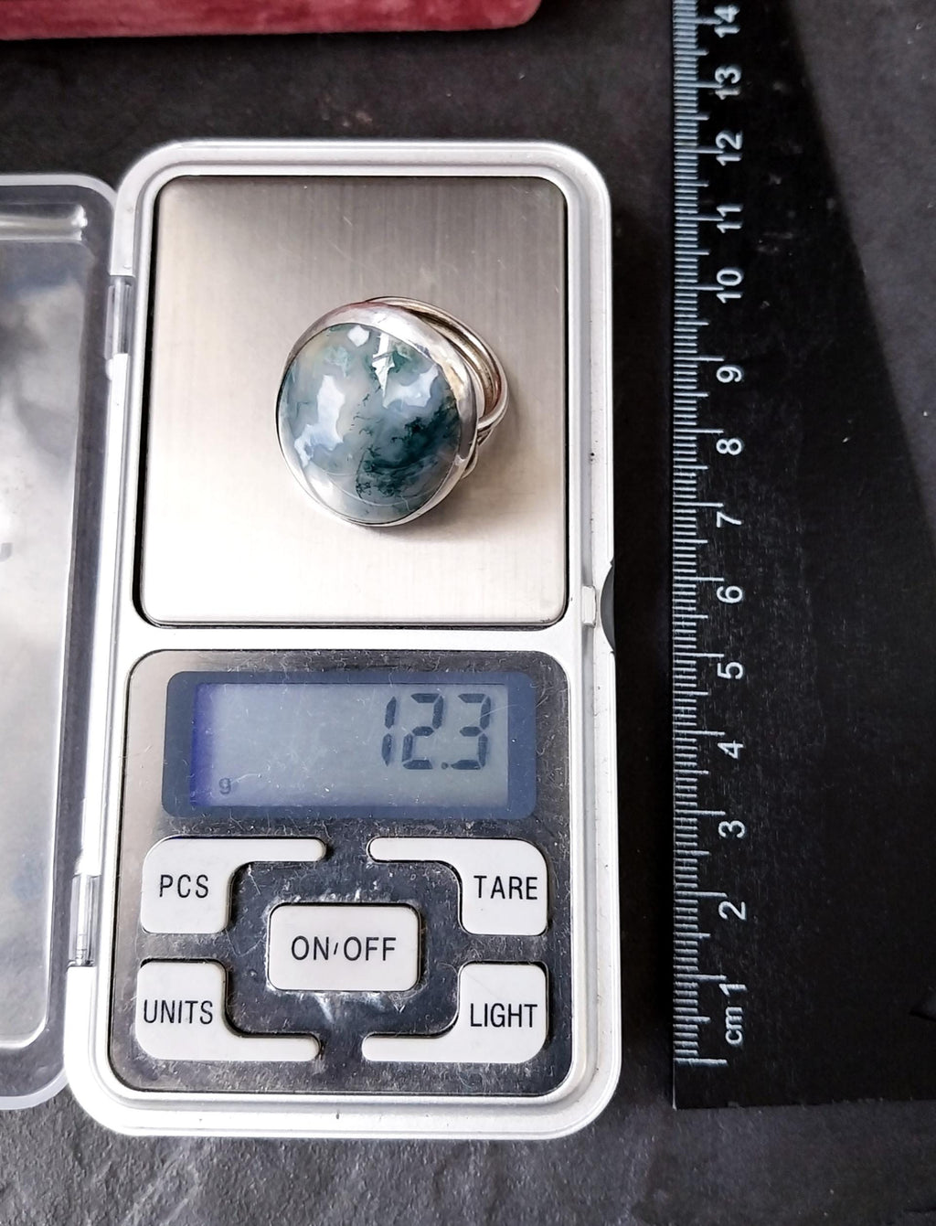 Large Sterling SILVER Moss Agate RING Dendritic Stone - size 0 1/2 (us 7.5) - 12.3g