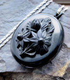 VICTORIAN Bog Oak LOCKET with Sunflowers on 24" Chain Necklace - 28.9g