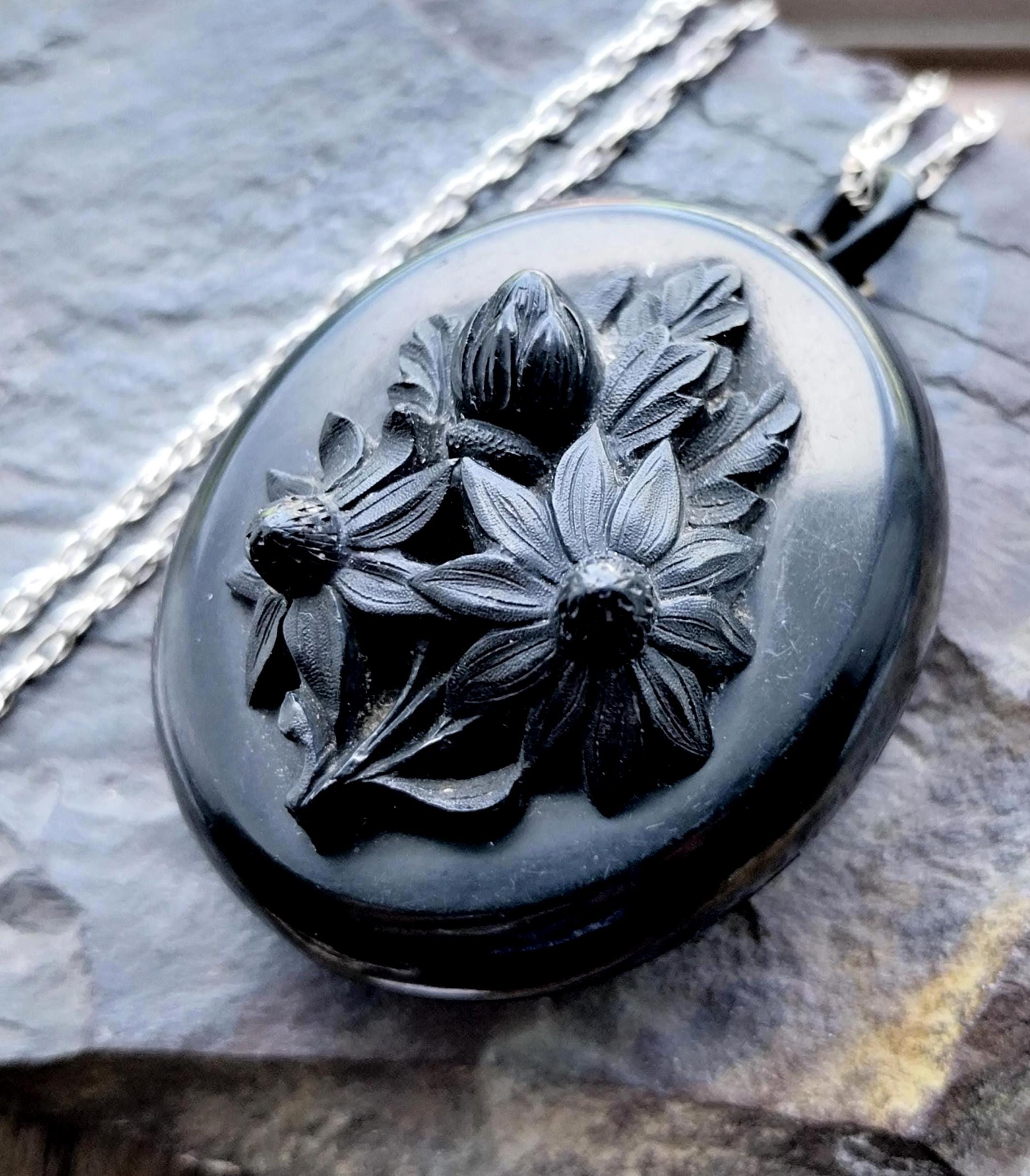 VICTORIAN Bog Oak LOCKET with Sunflowers on 24" Chain Necklace - 28.9g