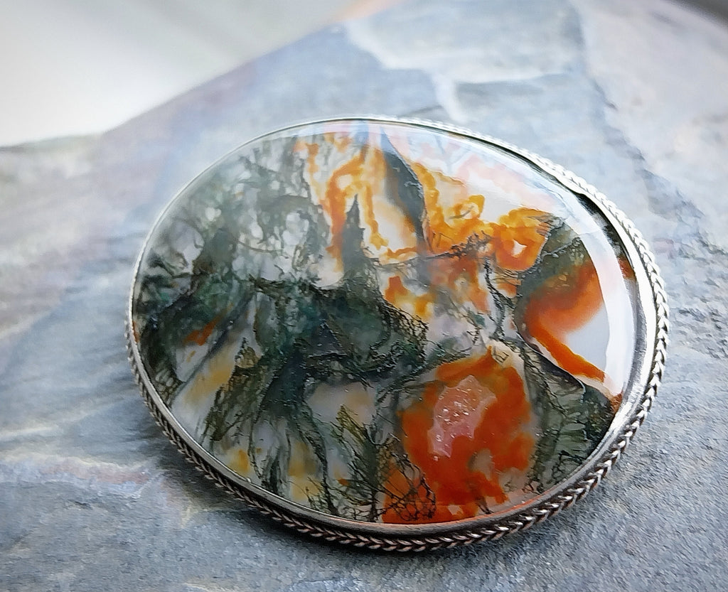 Vintage Sterling Silver Moss Agate Brooch - Vibrant Dendritic Gemstone  - 6.7g