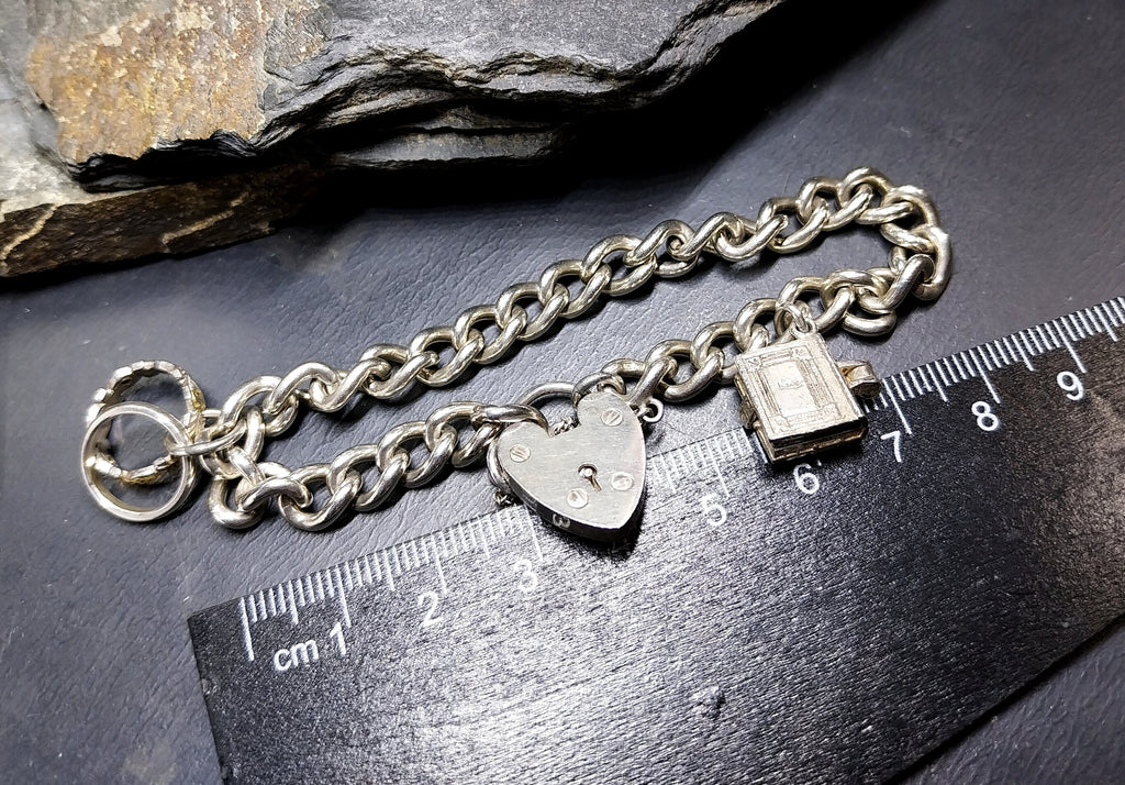 Vintage Silver CHARM BRACELET with Bible and Rings Charms with heart padlock clasp - 27.4g