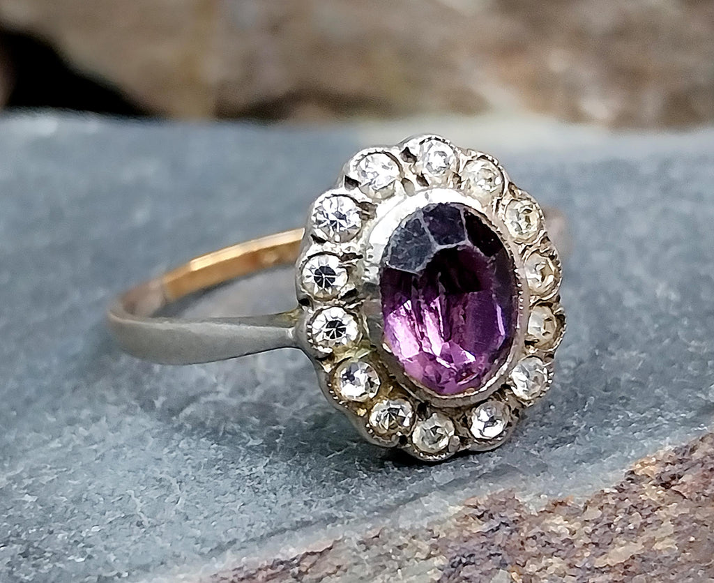Vintage 9ct Gold & Silver Amethyst Ring - Art Deco with paste stones - Size uk U (us 10) - 2.6g