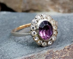 Vintage 9ct Gold & Silver Amethyst Ring - Art Deco with paste stones - Size uk U (us 10) - 2.6g